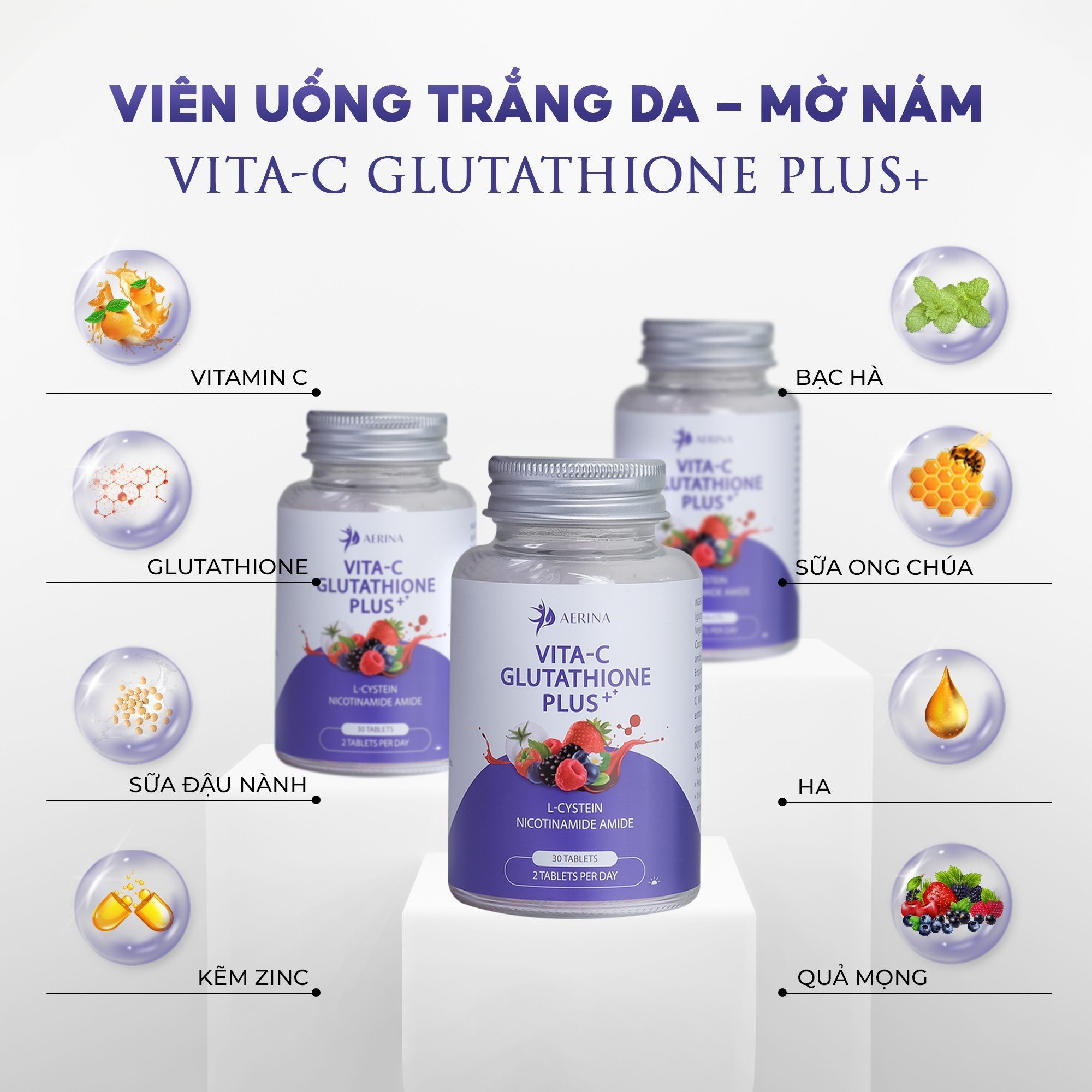 Viên uống trang da, mờ nám Vita-C Glutathione Plus+ Aerina